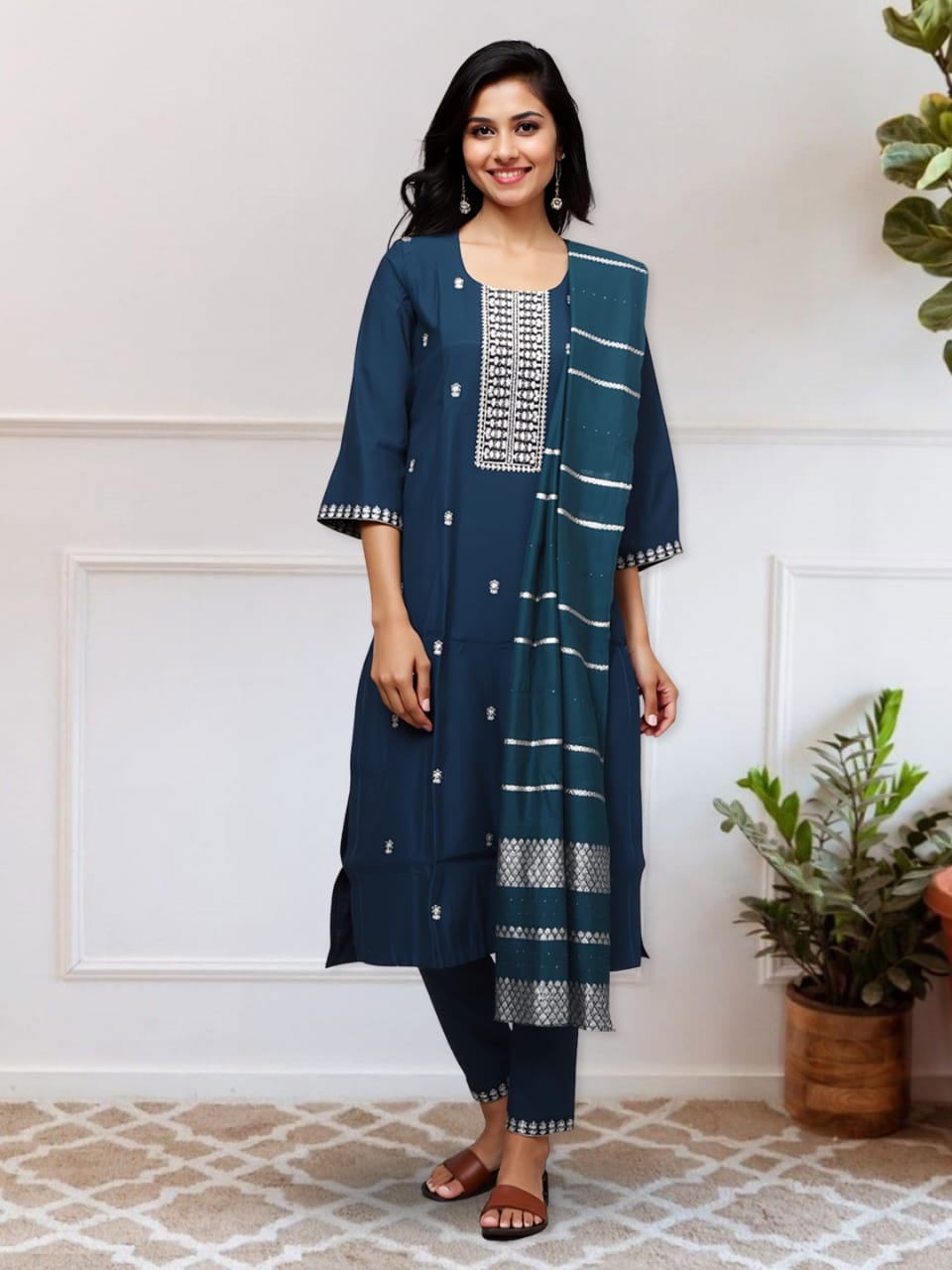 Picture of Beautifully Crafted Embroidered Kurta with Pant & Dupatta Set
