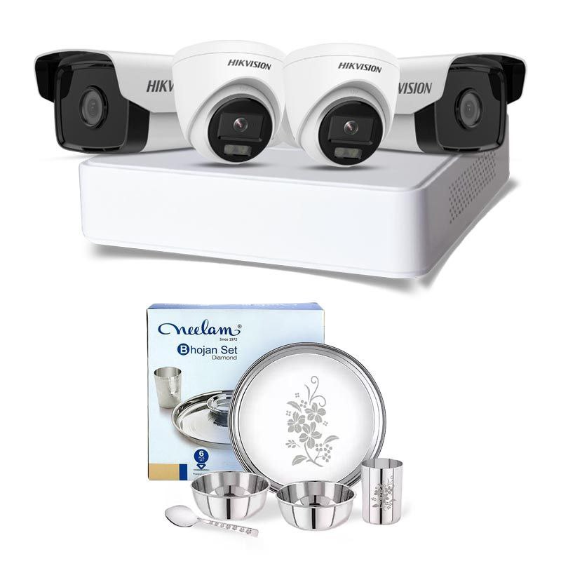 Picture of Hikvision 4 CCTV Cameras Combo (2 Indoor & 2 Outdoor CCTV Cameras) + 4CH DVR + HDD + Accessories + Power Supply + 90m Cable + Neelam Dinner Set