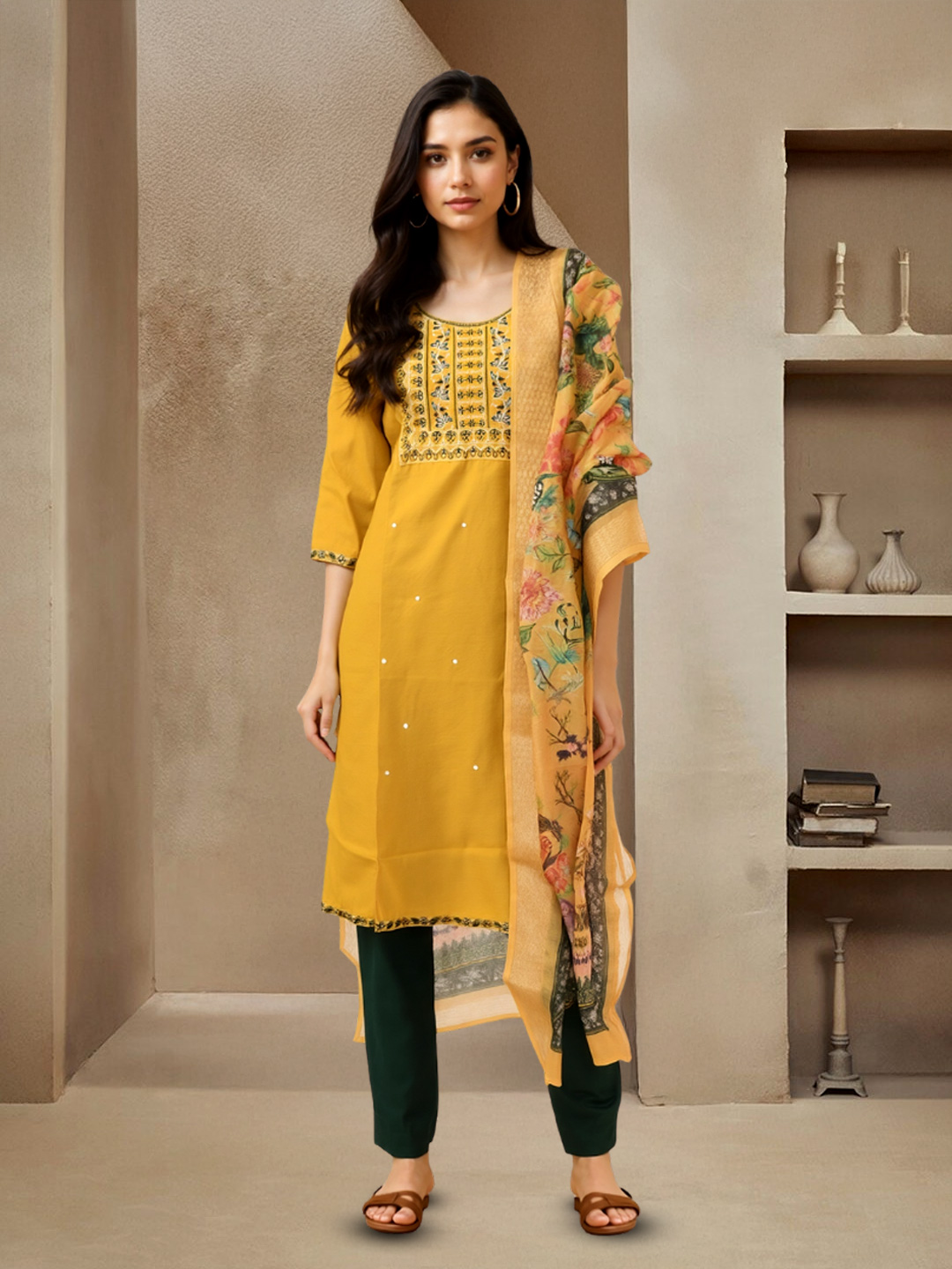 Picture of A Perfect Blend of Tradition and Style Embroidered Kurta with Pant & Floral Dupatta Set
