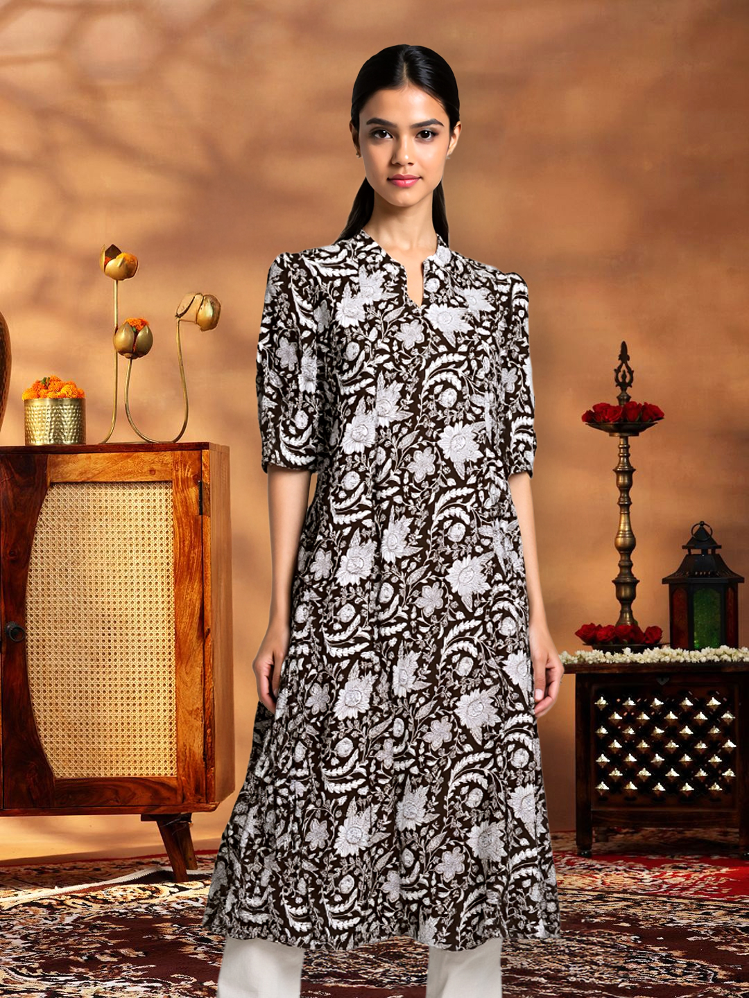 Picture of Bold Elegant Timeless Printed Mandarin Collar Neckline Kurta