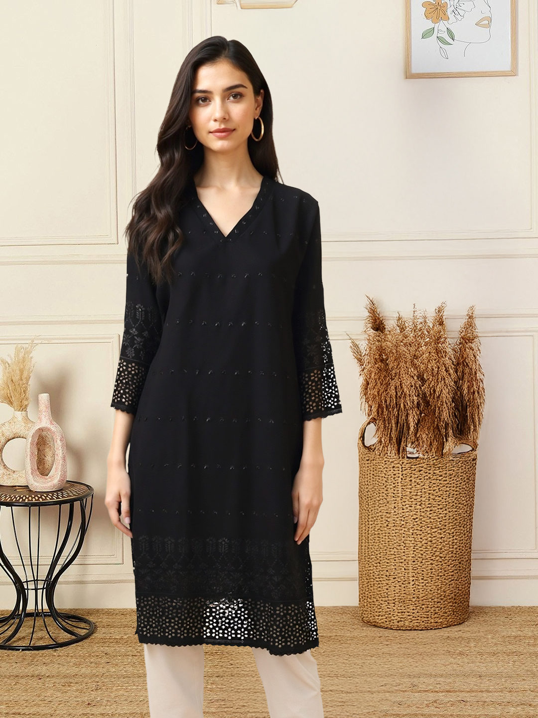 Picture of Sleek and Stylish Lace-Detail Kurta