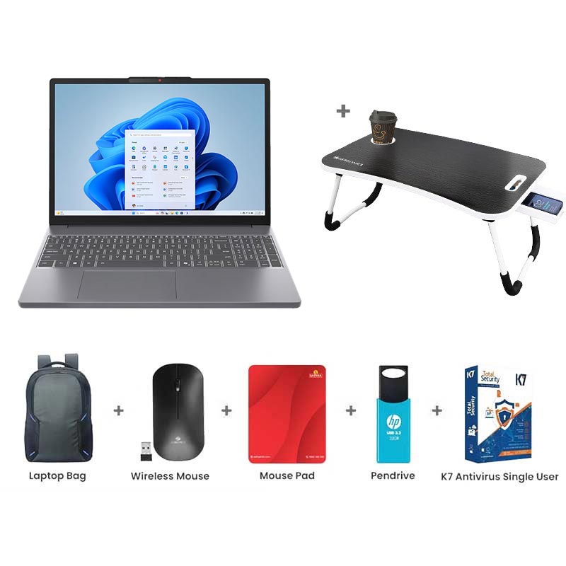 Picture of Lenovo IdeaPad Slim 3 - Intel Core i5-13420H 15.3" (38.86 cm) 83K100C6IN Thin & Light Laptop (16GB/ 512GB SSD/ Camera Privacy Shutter/ Anti-glare/ Integrated Intel UHD Graphics/ Backlit keyboard/ Windows 11 Home/ MS Office 2024/ 1Year Warranty/ Luna Grey/ 1.59 kg) with Laptop Table + Laptop Bag + Wireless Mouse + Mouse Pad + Pendrive + K7 Antivirus Single User