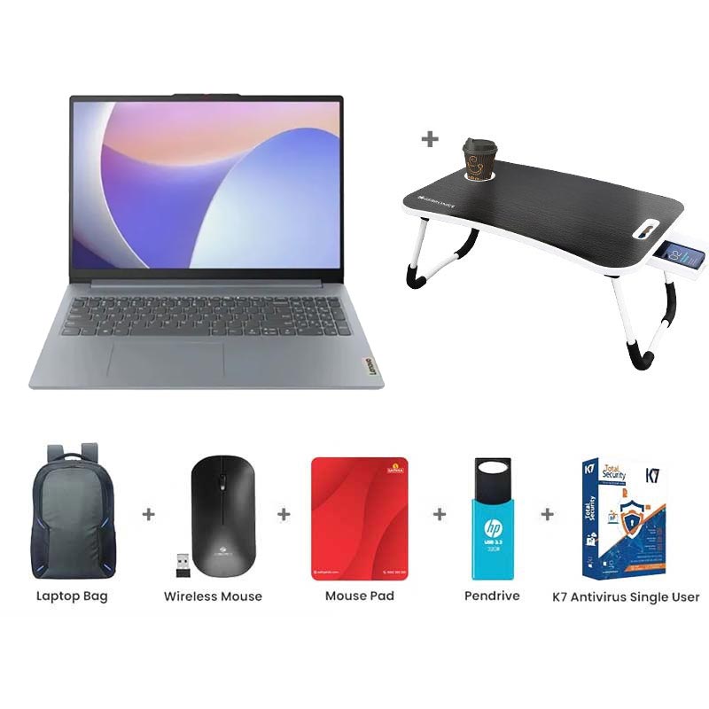 Picture of Lenovo IdeaPad Slim 3 - AMD Ryzen 7 5825U 15.6" (39.62 cm) 82XM00MTIN Thin & Light Laptop (16GB / 512GB SSD/ Full HD Display/ Camera Privacy Shutter/ Anti-glare/ Integrated AMD Radeon Graphics/ Backlit Keyboard/ Windows 11 Home/ MS Office 2024/ 1Year Warranty/ Arctic Grey/ 1.62 kg) with Laptop Table + Laptop Bag + Wireless Mouse + Mouse Pad + Pendrive + K7 Antivirus Single User