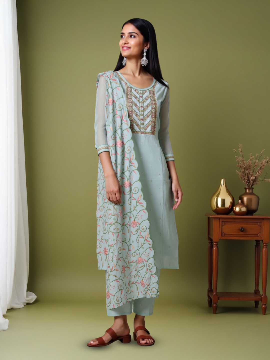 Picture of Sophisticated Embroidered Kurta with Pant & Flowy Dupatta Set