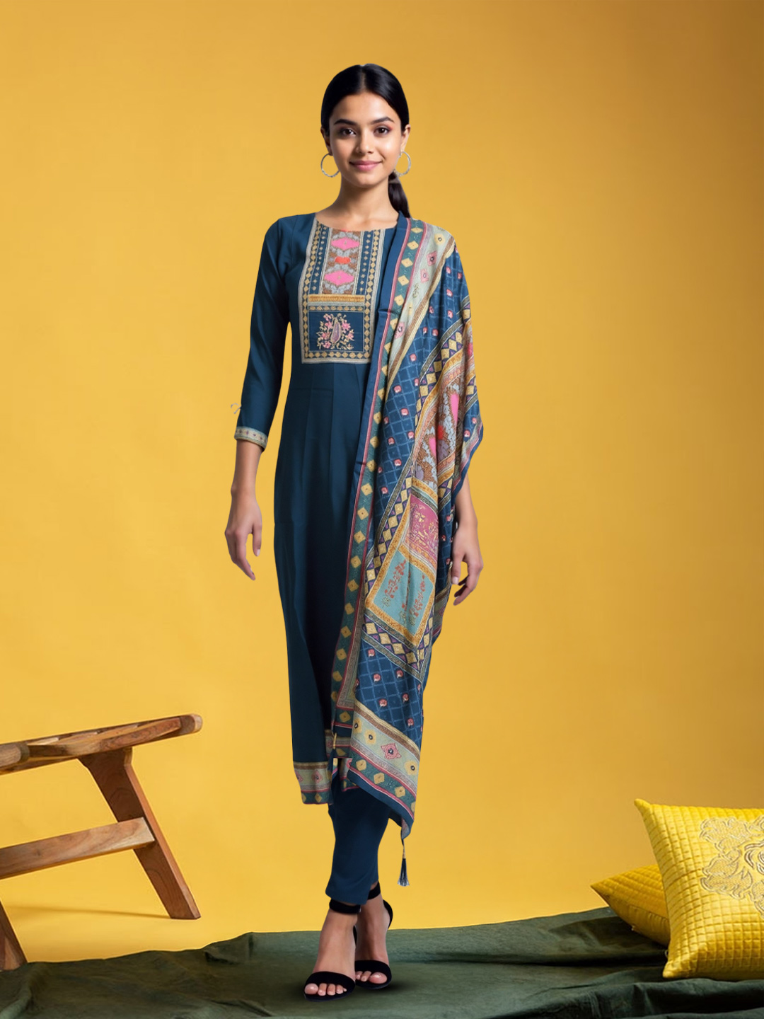 Picture of A Modern Twist on Traditional Grace Ethnic Print Kurta with Pant & Multicolor Dupatta Set