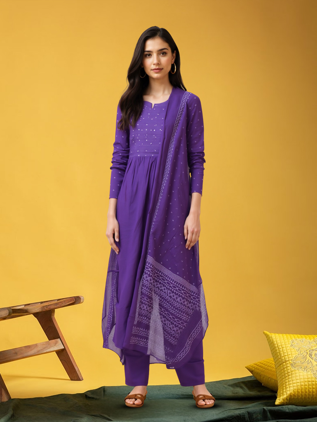 Picture of Enchanting Elegance Pleated Kurta with Pant & Dupatta Set