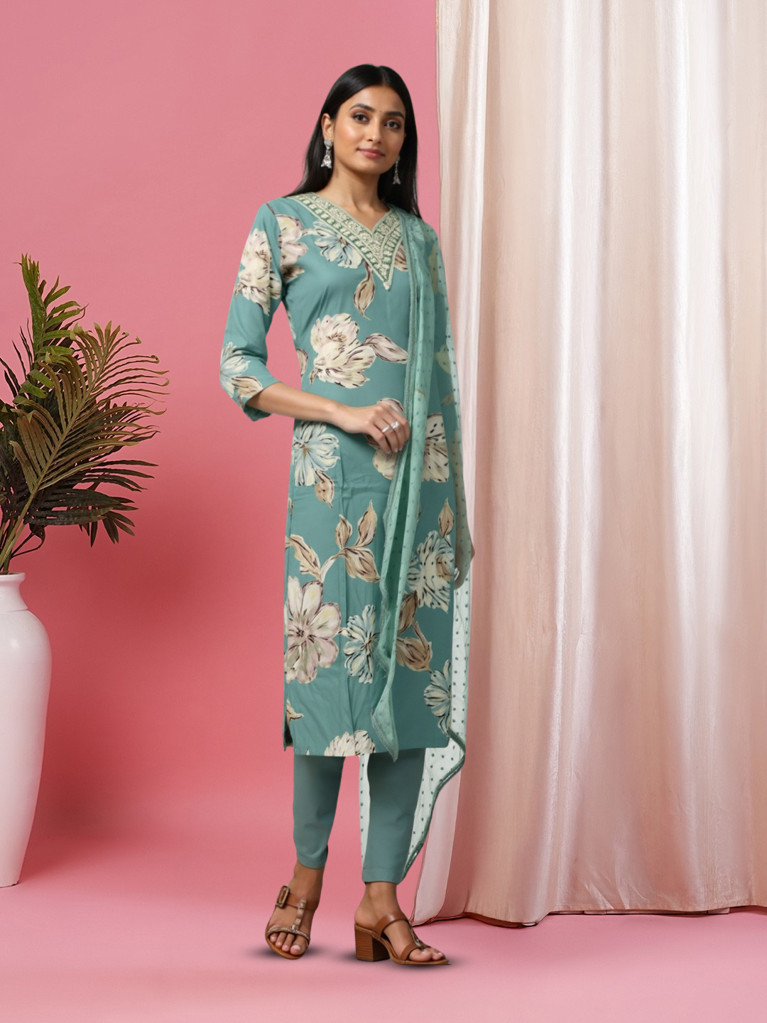 Picture of Fresh and Floral Print Embroidery V-Neckline Kurta with Pant &  Dupatta Set