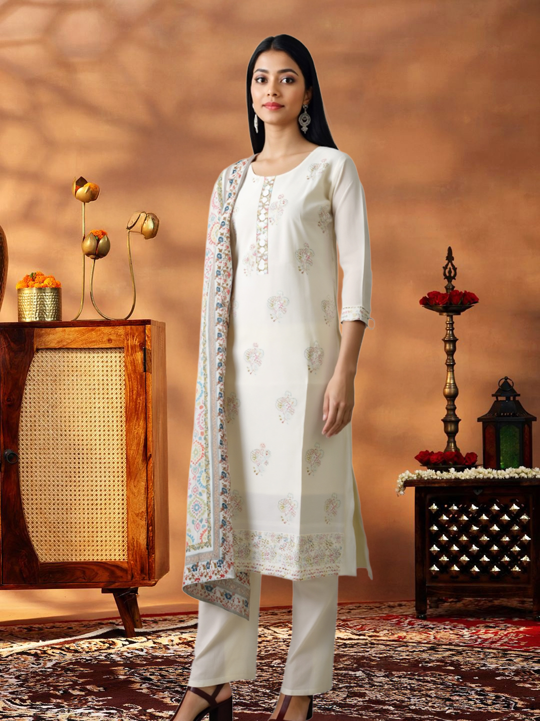 Picture of Delicate Blossom Embroidered Kurta with Pant & Multicolor Printed Dupatta Set