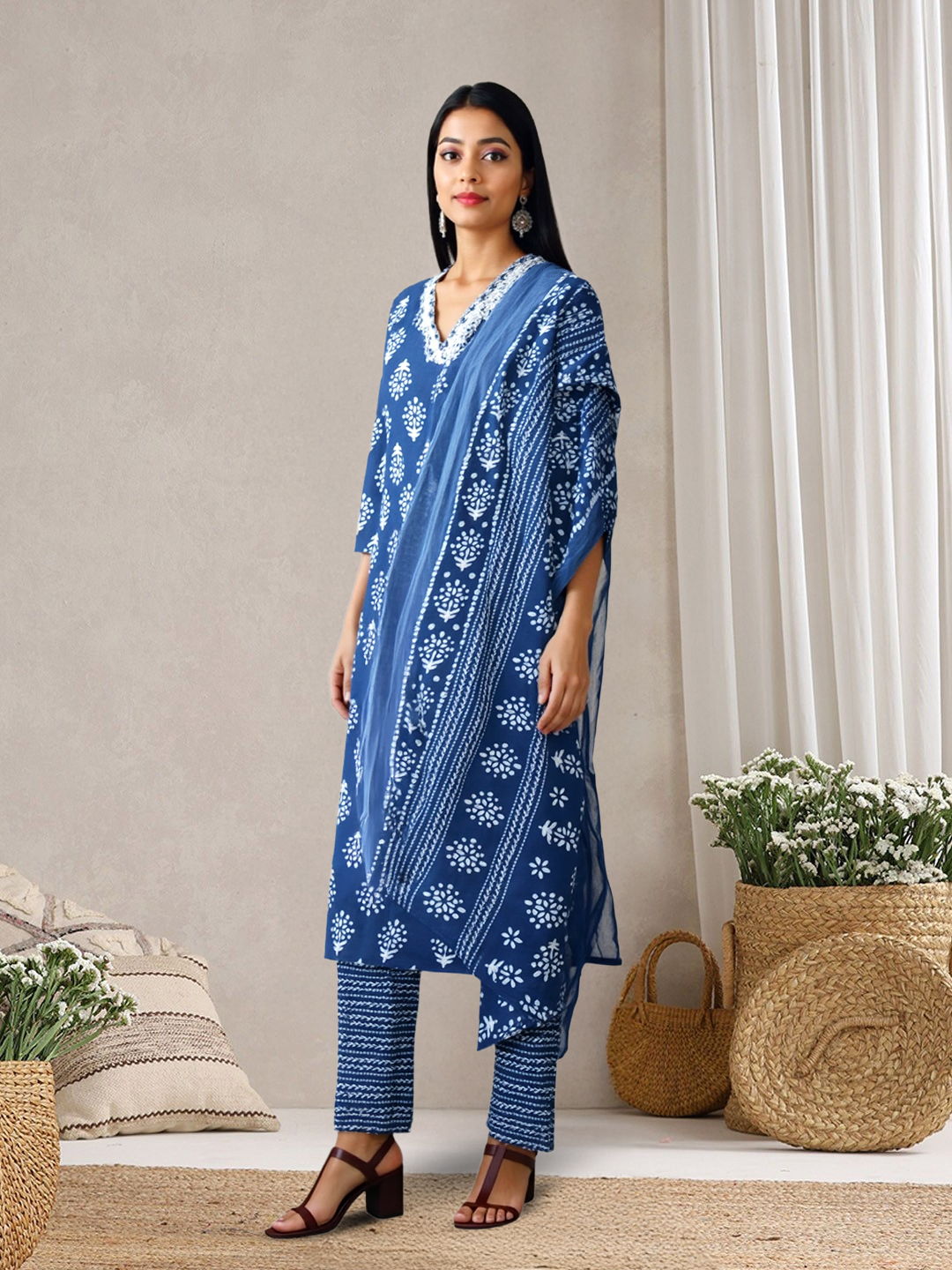 Picture of A Fusion of Comfort and Class Embroidered V-Neck Kurta with Pant & Dupatta Set