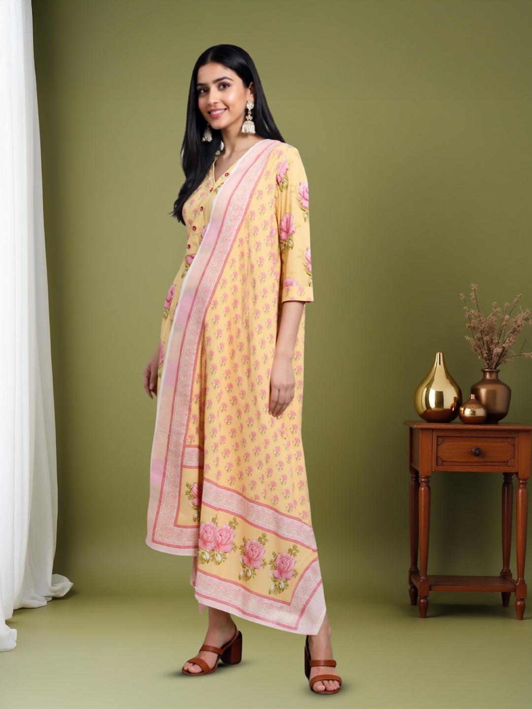 Picture of Elegant Floral Fusion Embroidery V-Neckline Kurta with Pant & Dupatta Set