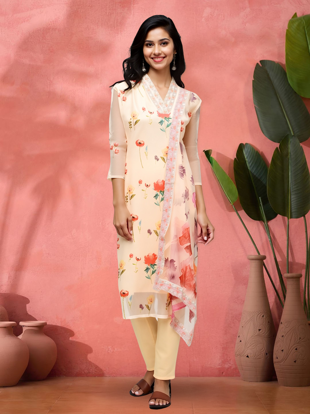 Picture of Elegant Floral V-Neck Kurta with Matching Pant & Dupatta Set