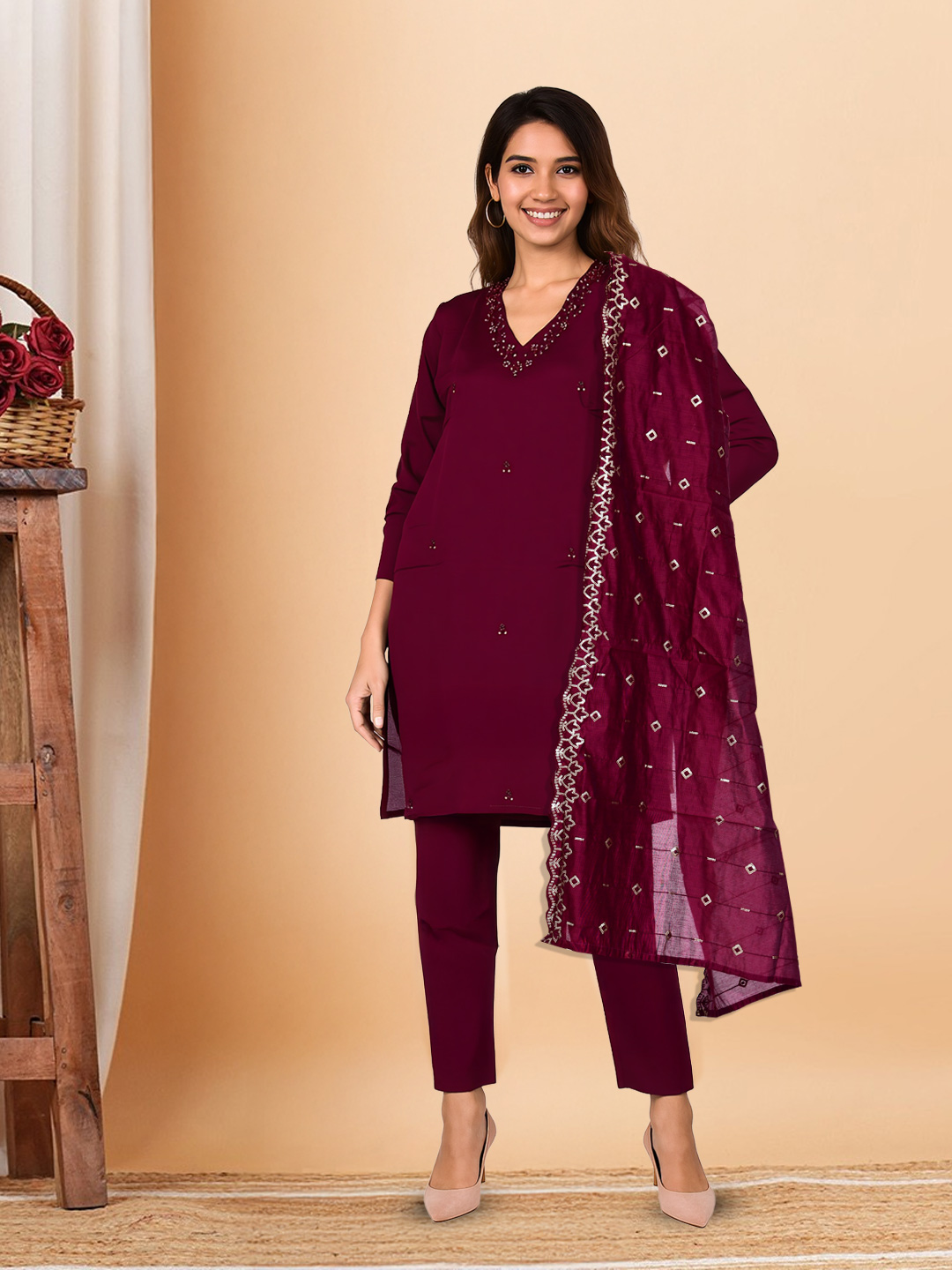 Picture of Floral Embroidery Sequins V-Neck Kurta with Pant & Beautifully Crafted Dupatta Set