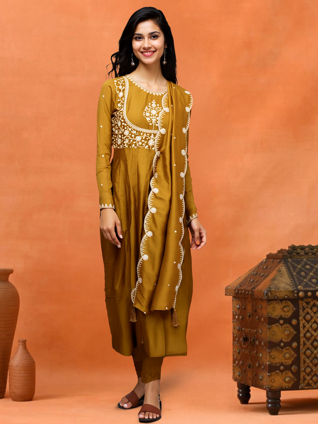 Picture of Traditional Embroidery Anarkali Suit & Scalloped Border Dupatta Set