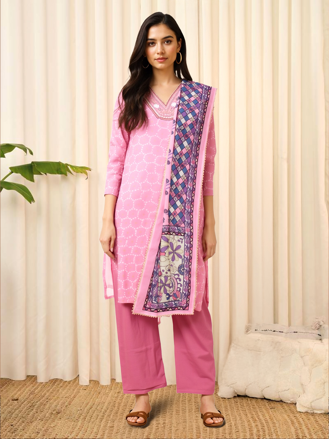 Picture of Embroidered V-Neck Kurta with Pant & Paisley Printed Dupatta