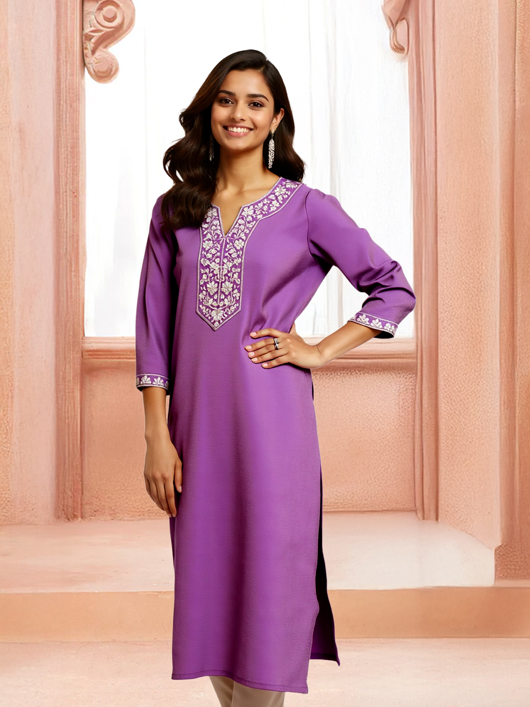 Picture of Elegant Embroidered Notched Neckline Kurta