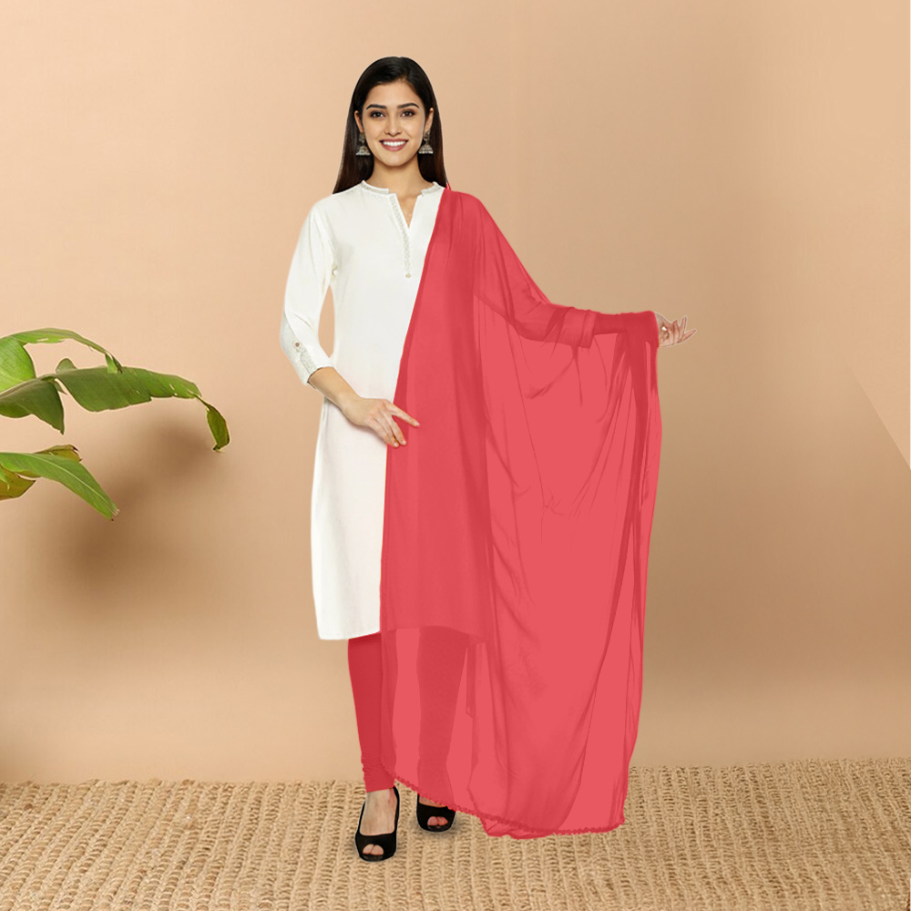 Picture of Women Coral Pink Chiffon Solid Dailywear Dupatta