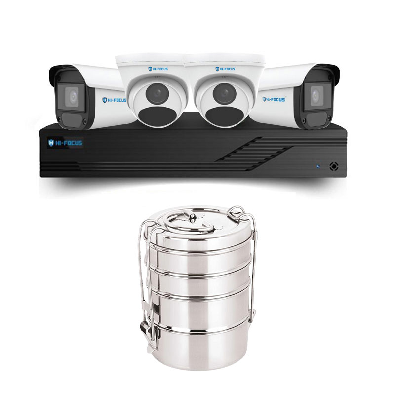 Picture of Hi-Focus 4 CCTV Cameras Combo (2 Indoor & 2 Outdoor CCTV Cameras) 👨🏻‍🔧 With CCTV Installation + 4CH DVR + HDD + Accessories + Power Supply + 90m Cable + Neelam Stainless Steel Lunch Box