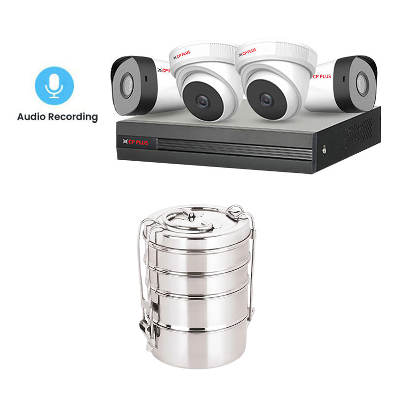 Picture of CP PLUS 4 CCTV Cameras Combo (2 Indoor & 2 Outdoor CCTV Cameras with mic) + DVR + HDD + Accessories + Power Supply +  90m Cable + Neelam Stainless Steel Lunch Box