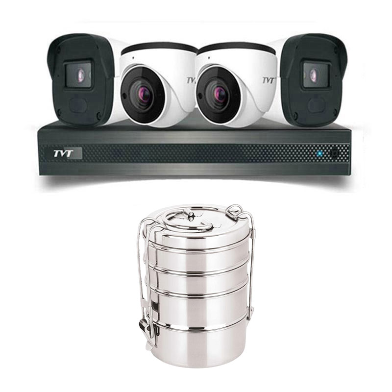 Picture of TVT 4 CCTV Cameras Combo (2 Indoor & 2 Outdoor CCTV Cameras) 👨🏻‍🔧With CCTV Installation + DVR + HDD + Accessories + Power Supply + 90m Cable  + Neelam Stainless Steel Lunch Box