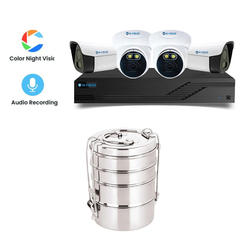 Picture of Hi-Focus 4 CCTV Cameras Combo (2 Indoor & 2 Outdoor CCTV Cameras) (Colour View With Mic) 👨🏻‍🔧With CCTV Installation + 4CH DVR + HDD + Accessories + Power Supply + 90m Cable + Neelam Stainless Steel Lunch Box