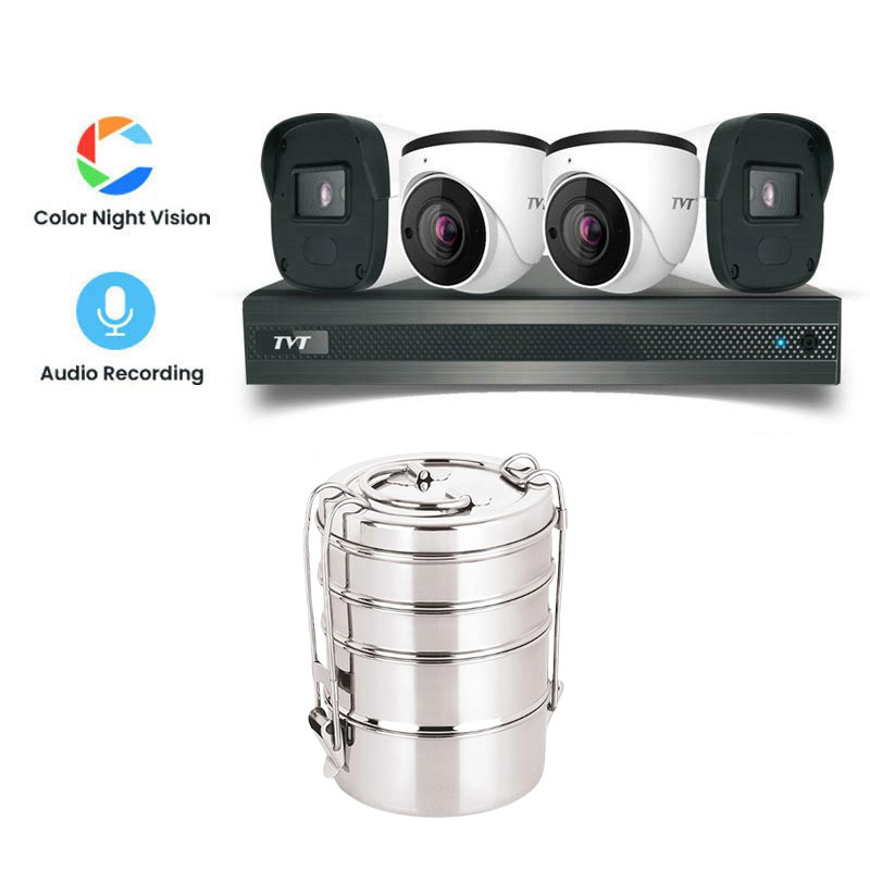 Picture of TVT 4 CCTV Cameras Combo (2 Indoor & 2 Outdoor CCTV Cameras) (Colour View With Mic) 👨🏻‍🔧 With CCTV Installation + 4CH DVR + HDD + Accessories + Power Supply + 90m Cable + Neelam Stainless Steel Lunch Box