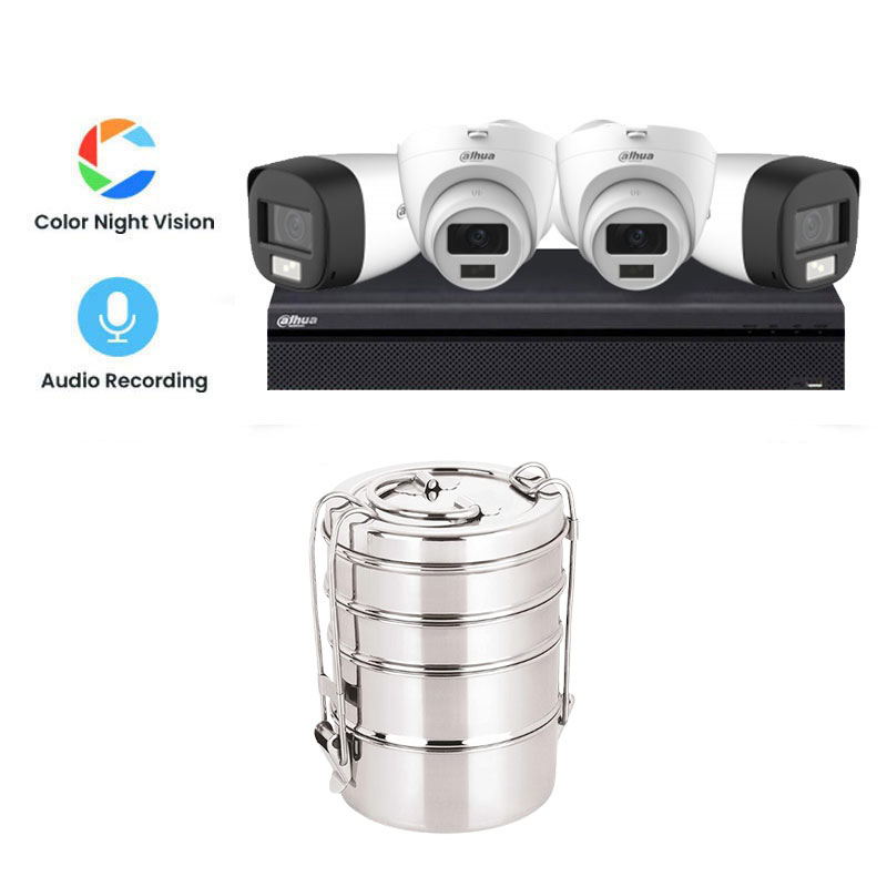 Picture of Dahua 4 CCTV Cameras Combo (2 Indoor & 2 Outdoor CCTV Cameras) (Colour View With Mic) 👨🏻‍🔧 With CCTV Installation + 4CH DVR + HDD + Accessories + Power Supply + 90m Cable with Smart Watch +Neelam Stainless Steel Lunch Box