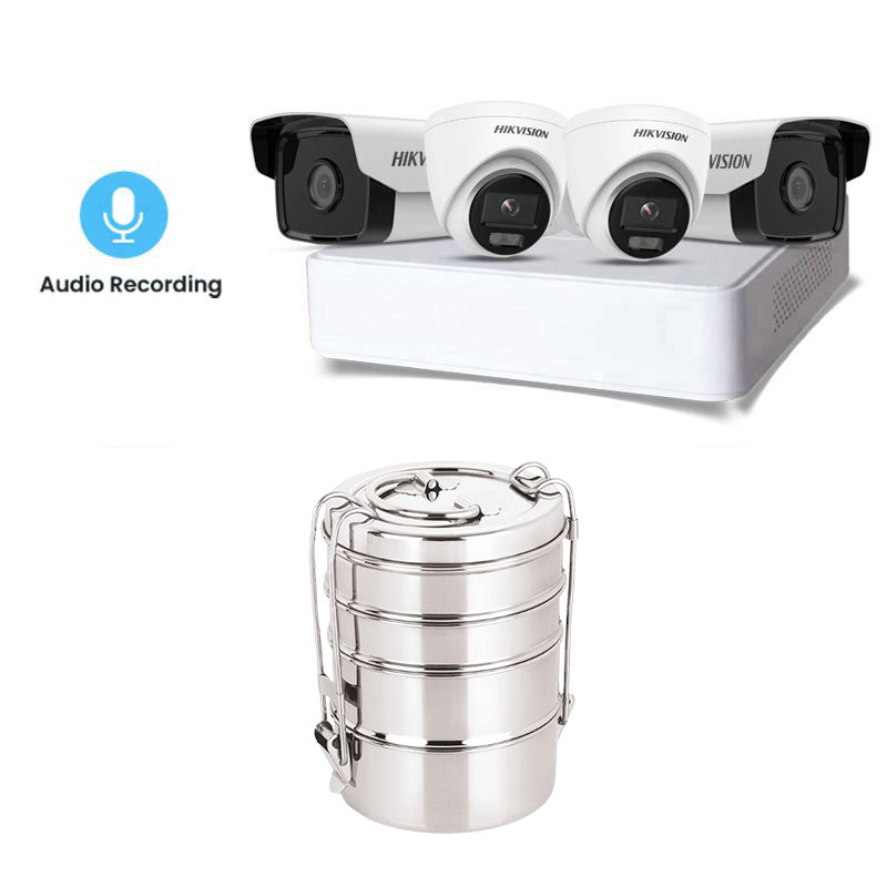 Picture of Hikvision 4 CCTV Cameras Combo (2 Indoor & 2 Outdoor CCTV Cameras) + 4CH DVR + HDD + Accessories + Power Supply + 90m Cable + Neelam Stainless Steel Lunch Box