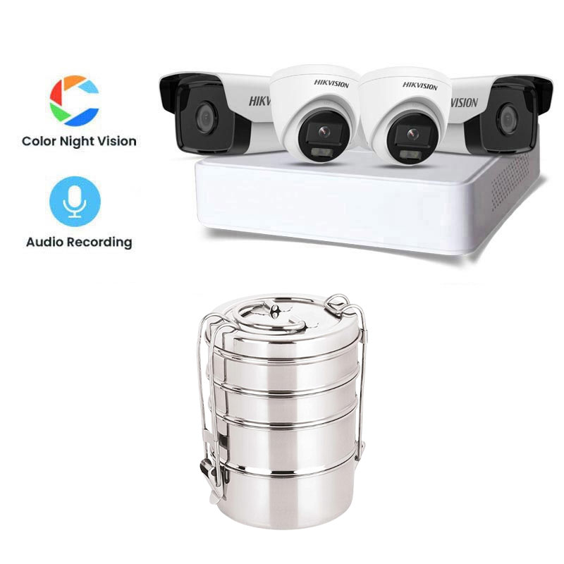 Picture of Hikvision 4 CCTV Cameras Combo (2 Indoor & 2 Outdoor CCTV Cameras) (Colour's View with mic) 👨🏻‍🔧With CCTV Installation + 4CH DVR + HDD + Accessories + Power Supply + 90m Cable +   Neelam Stainless Steel Lunch Box