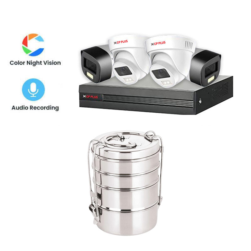 Picture of CP PLUS 4 CCTV Cameras Combo (2 Indoor & 2 Outdoor CCTV Cameras) (Colour's View with mic) + DVR + HDD + Accessories + Power Supply + 90m Cable + Neelam Stainless Steel Lunch Box