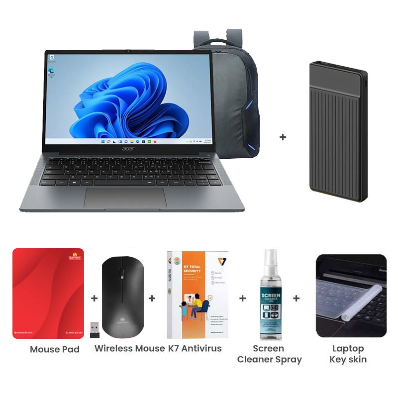 Picture of Acer Aspire 3 - Intel Processor N100 14" (35.56 cm) A324-31 Thin and Light Laptop (8GB/ 512GB SSD/ Full HD IPS Display/ Intel UHD Graphics/ Windows 11 Home/ 1Year Warranty / Steel Gray/ 1.45 kg) with Laptop Bag + 1000mAh Power Bank + Wireless Mouse + Mouse Pad + K7 Antivirus + Screen Cleaner Spray + Laptop Key Skin