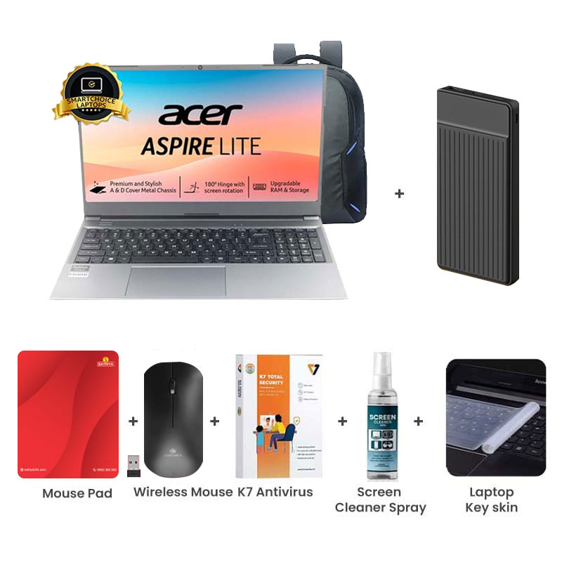 Picture of Acer Aspire Lite - AMD Ryzen 3 7330U 15.6" (39.62 cm) AL15-41 Thin & Light Laptop  (8GB/ 512GB SSD/ Full HD Display / ‎AMD Radeon Graphics/ Windows 11 Home / 1Year Warranty/  Steel Gray/ 1.6 Kg) with Laptop Bag + 1000mAh Power Bank + Wireless Mouse + Mouse Pad + K7 Antivirus + Screen Cleaner Spray + Laptop Key Skin