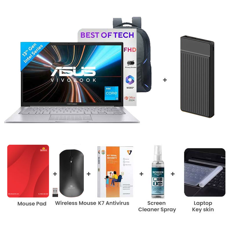 Picture of Asus Vivobook 14 - Intel Core i3-1315U 14" (35.56 cm) X1404VA-NK761WS Thin and Light Laptop (8GB/ 512GB SSD/ Full HD Display/ Intel UHD Graphics/ Windows 11 Home/ Office Home 2024/ 1Year Warranty/  Cool Silver/ 1.40 Kg) with Laptop Bag + 1000mAh Power Bank + Wireless Mouse + Mouse Pad + K7 Antivirus + Screen Cleaner Spray + Laptop Key Skin