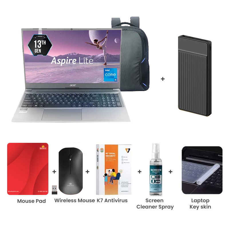 Picture of Acer Aspire Lite - 13th Gen Intel Core i3-1305U 15.6" (39.6 cm) AL15-53 Thin & Light Laptop (8GB/ 512GB SSD/ Full HD Display/ Intel Graphics/ Windows 11 Home/ MS Office/ 1Year Warranty/  Steel Gray/ 1.59 Kg) with Laptop Bag + 1000mAh Power Bank + Wireless Mouse + Mouse Pad + K7 Antivirus + Screen Cleaner Spray + Laptop Key Skin