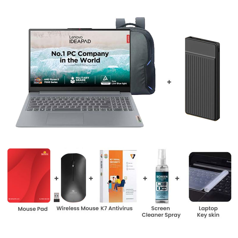 Picture of Lenovo IdeaPad Slim 3 - AMD Ryzen 3 7320U 15.6" (39.62 cm) 82XQ00MDIN Thin & Light Laptop (8GB / 512GB SSD/ Full HD Display/ Camera Privacy Shutter/ Integrated AMD Radeon 610M Graphics/ Anti-glare/ Windows 11 Home/ MS Office 2024/ 1Year Warranty/ Arctic Grey/ 1.62 kg)  with Laptop Bag + 1000mAh Power Bank + Wireless Mouse + Mouse Pad + K7 Antivirus + Screen Cleaner Spray + Laptop Key Skin