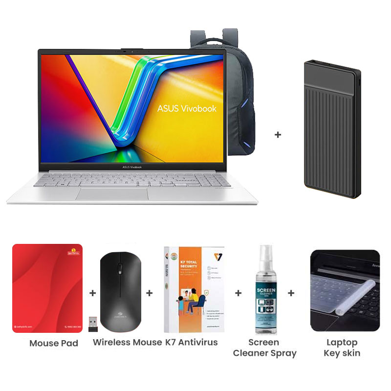 Picture of Asus Vivobook Go 15 - AMD Ryzen 5 7520U 15.6" (39.62cm) E1504FA-NJ132WS Thin & Light Laptop (8GB/ 512GB SSD/ Full HD Display/  AMD Radeon Graphics/ Windows 11 Home/ MS Office 2024/ 1 Year Warranty / Cool Silver/ 1.63 kg) with Laptop Bag + 1000mAh Power Bank + Wireless Mouse + Mouse Pad + K7 Antivirus + Screen Cleaner Spray + Laptop Key Skin