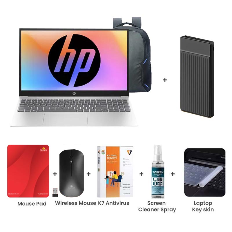 Picture of  HP - 13th Gen Intel Core i3-1315U 15.6" (39.6 Cm) 15-fd0465TU Thin & Light Laptop (8GB DDR4/ 512GB NVMe M.2 SSD/ Windows 11 Home/ MS Office 2024/ Micro-Edge/ Anti-Glare 250 nits/ Dual Speakers/ Mic Mute key/ Camera Privacy Shutter / 1Year Warranty / Silver/ 1.59Kg) with Laptop Bag +  1000mAh Power Bank + Wireless Mouse + Mouse Pad + K7 Antivirus + Screen Cleaner Spray + Laptop Key Skin