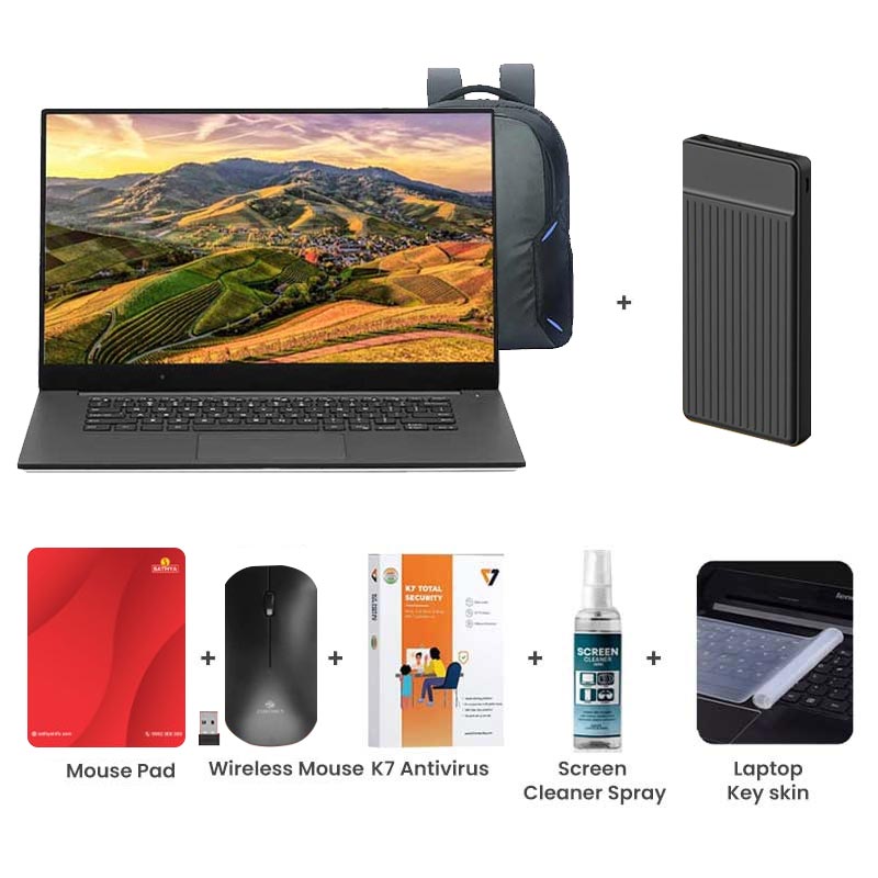Picture of Asus Vivobook Go15 - AMD Ryzen 5 7520U 15.6" (39.62cm) E1504FA-NJ1505WS  Thin and Light Laptop (16GB / 512GBSSD/ Full HD Display/ AMD Radeon Graphics/ Windows 11 Home/ Office Home 2024 & M365 Basic/ 1Year Warranty/ Mixed Black/ 1.63Kg) with Laptop Bag +  1000mAh Power Bank + Wireless Mouse + Mouse Pad + K7 Antivirus + Screen Cleaner Spray + Laptop Key Skin