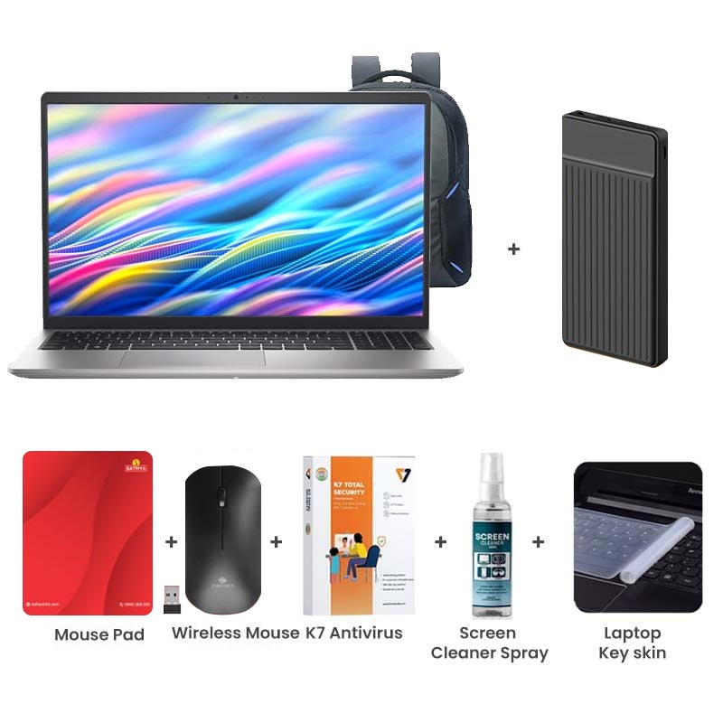 Picture of Dell 15 - Intel Core 3-100U 15.6" (39.62cm) Thin & Light Laptop (8GB/ 512GB SSD/ Full HD Display/ Intel UHD Graphics/ Windows 11 Home/ MS Office 2024/ 1 Year Warranty Platinum Silver/ 1.90 kg) with Laptop Bag + 1000mAh Power Bank + Wireless Mouse + Mouse Pad + K7 Antivirus + Screen Cleaner Spray + Laptop Key Skin