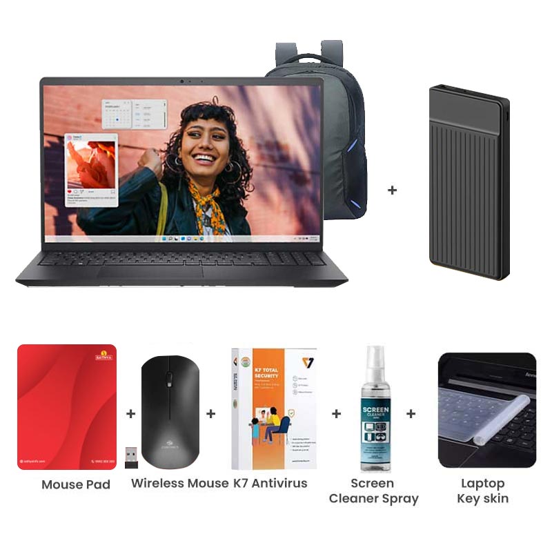 Picture of Dell Inspiron 3530 - 13th Gen Core i3-1305U 15.6" (39.62cm) Thin & Light Laptop (8GB/ 512GB SSD/ Full HD Display/ Windows 11 Home/ MS Office 2021/ Intel UHD Graphics/ 1 Year Warranty/ Carbon Black/ 1.62 kg)  with Laptop Bag + 1000mAh Power Bank + Wireless Mouse + Mouse Pad + K7 Antivirus + Screen Cleaner Spray + Laptop Key Skin
