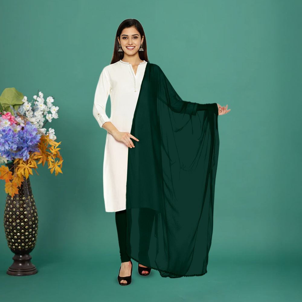 Picture of Women Dark Green Chiffon Solid Dailywear Dupatta
