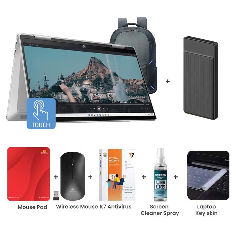 Picture of HP Pavilion x360 - 13th Gen Intel Core i5-1335U 14" (35.6 cm) 14-ek1149TU Thin & Light Laptop (16GB/ 1TB SSD/ Full HD Touch Display/ Intel Iris X Graphics/ Windows 11 Home/ MS Office/ 1 Year Warranty / Natural Silver/ 1.51kg) with Laptop Bag + 1000mAh Power Bank + Wireless Mouse + Mouse Pad + K7 Antivirus + Screen Cleaner Spray + Laptop Key Skin