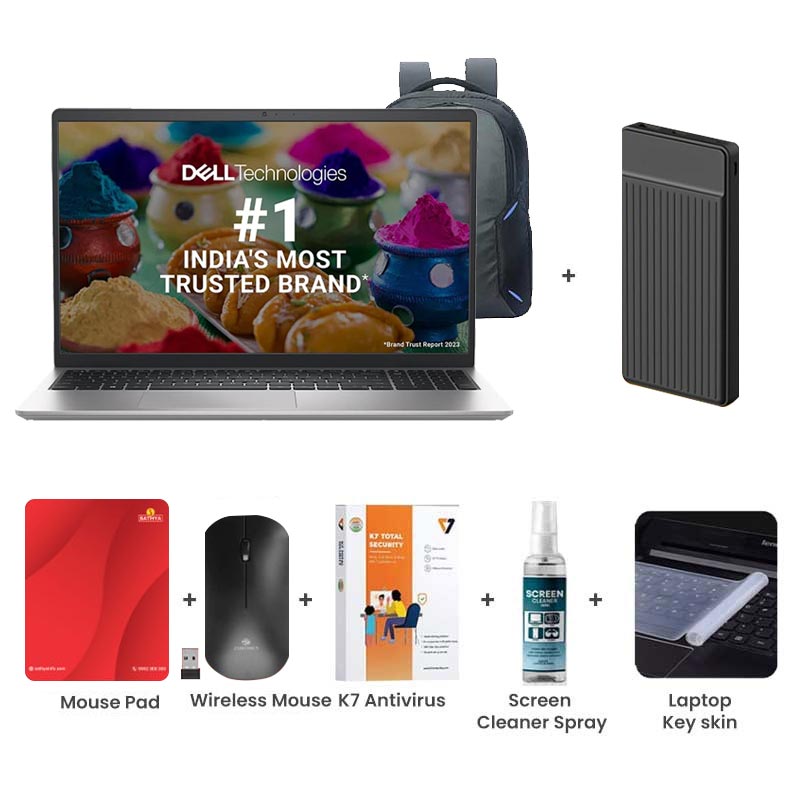 Picture of Dell Inspiron 3530 - 13th Gen Intel Core i3-1305U 15.6" Thin & Light Laptop (8GB/ 512GB SSD/ Full HD Display/ Windows 11 Home/ MS Office/ 1 Year Warranty/ Platinum Silver/ 1.62kg) with Laptop Bag + 1000mAh Power Bank + Wireless Mouse + Mouse Pad + K7 Antivirus + Screen Cleaner Spray + Laptop Key Skin