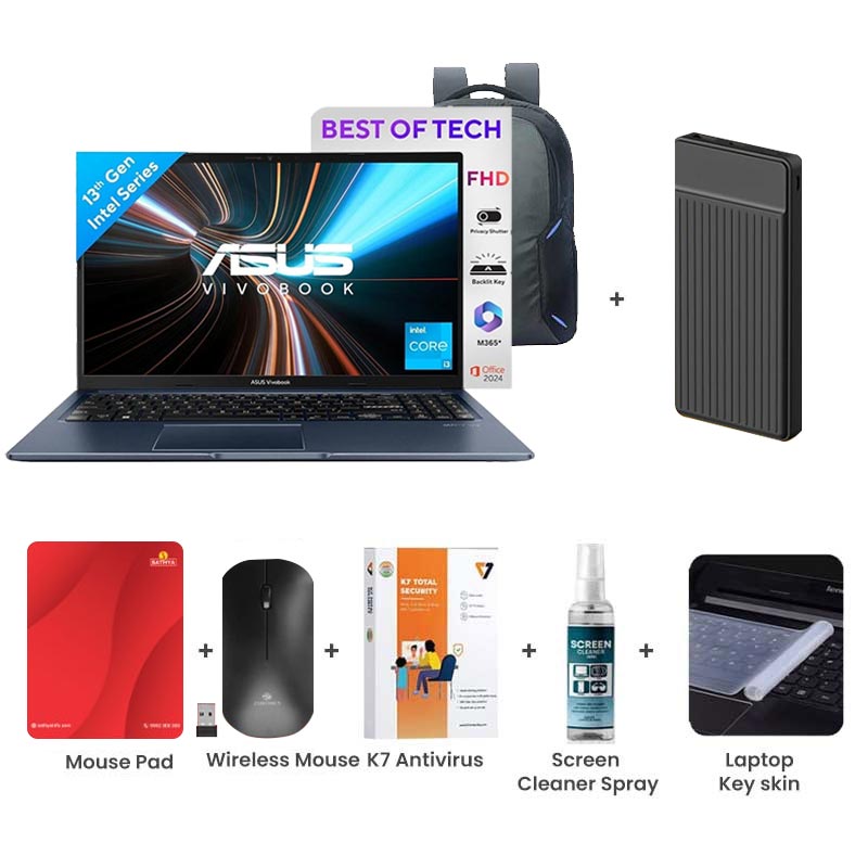 Picture of Asus Vivobook 15 - 13th Gen Intel Core i3-1315U 15.6" (39.62cm) X1504VA-NJ3321WS Thin & Light Laptop (8GB/ 512GB SSD/ Full HD Display/ Intel UHD Graphics/ Windows 11 Home/ MS Office/ 1 Year Warranty/ Quiet Blue/ 1.70 kg)  with Laptop Bag + 1000mAh Power Bank + Wireless Mouse + Mouse Pad + K7 Antivirus + Screen Cleaner Spray + Laptop Key Skin