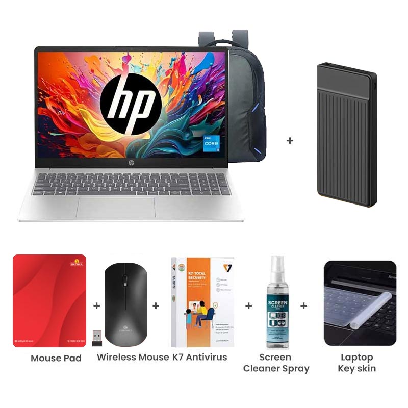 Picture of HP - 13th Gen intel i5 1334U 15.6" (39.6 Cm) FD0467TU Thin & Light Laptop (16GB DDR4 / 512GB NVMe M.2 SSD/ Micro-Edge/ Anti-Glare 250 nits/ Full HD Display/ Windows 11 Home/ Intel Iris Xᵉ Graphics / Backlit / Camera Privacy Shutter / MS Office 2024/ 1 Year Warranty/ 1.59 kg)  with Laptop Bag + 1000mAh Power Bank + Wireless Mouse + Mouse Pad + K7 Antivirus + Screen Cleaner Spray + Laptop Key Skin