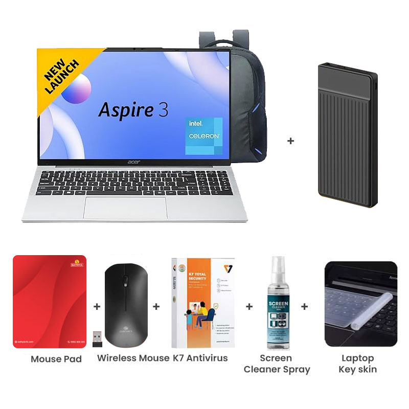 Picture of Acer Aspire 3 - Intel Core Celeron N4500 15.6" (39.63 cm) A325-45 Thin & Light Laptop (8GB/ 512GB SSD/ HD Display/ Windows 11 Home/ MS Office/ 1Year Warranty/ Pure Silver/ 1.5Kg) with Laptop Bag + 1000mAh Power Bank + Wireless Mouse + Mouse Pad + K7 Antivirus + Screen Cleaner Spray + Laptop Key Skin