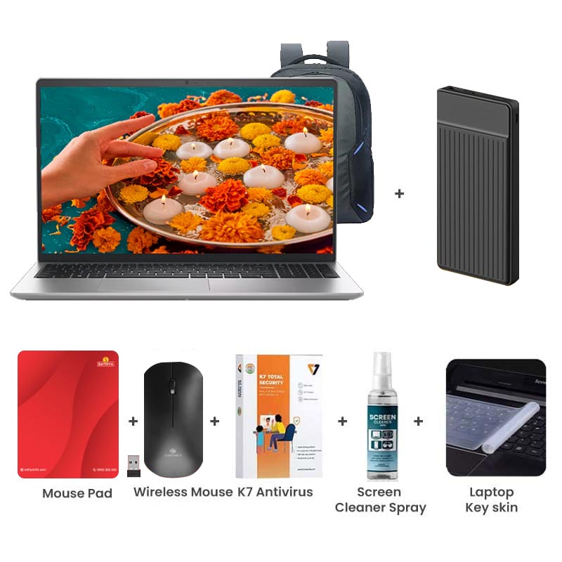 Picture of Dell 15 - 13th Gen Intel Core i5-1334U 15.6" (39.62cm) Thin & Light Laptop (16GB/ 512GB SSD/  Full HD Display/ Intel UHD Graphics/ Anti-Glare/ Windows 11 Home/ Office Home 2024/ 1 Year Warranty/ Platinum Silver/ 1.65 kg)  with Laptop Bag + 1000mAh Power Bank + Wireless Mouse + Mouse Pad + K7 Antivirus + Screen Cleaner Spray + Laptop Key Skin