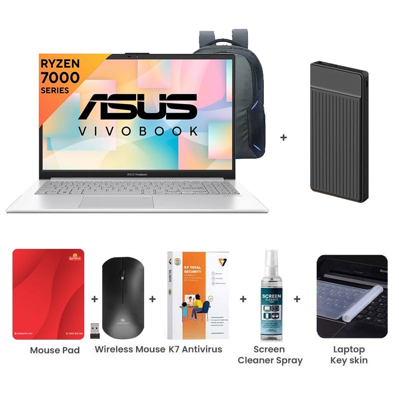 Picture of Asus Vivobook Go 15 - AMD Ryzen 3 7320U 15.6" (39.62cm) E1504FA-BQ2321WS (8GB/ 512GB SSD/ Full HD Display/ AMD Radeon Graphics/ Windows 11 Home/ Office Home 2024/ 1Year Warranty/ Cool Silver/ 1.63kg) with Laptop Bag + 1000mAh Power Bank + Wireless Mouse + Mouse Pad + K7 Antivirus + Screen Cleaner Spray + Laptop Key Skin