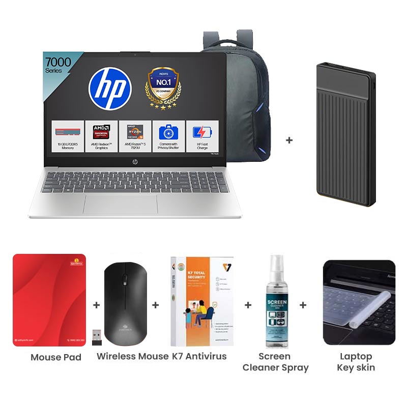 Picture of HP - AMD Ryzen 5-7520U 15.6" (39.6 cm) 15-fc0690AU Thin & Light Laptop (16GB/ 512GB SSD/ Full HD Display/ AMD Radeon Graphics/ Anti-Glare/ Camera Privacy Shutter/ Backlit Keyboard/ Windows 11 Home/ MS Office 2024/ 1Year Warranty/ Natural silver/ 1.59 kg) with Laptop Bag + 1000mAh Power Bank + Wireless Mouse + Mouse Pad + K7 Antivirus + Screen Cleaner Spray + Laptop Key Skin