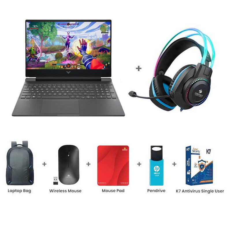 Picture of HP Victus - AMD Ryzen 7-7445HS 15.6" (39.6 cm) 15-fb3120AX Gaming Laptop (16GB DDR5-5600/ 512GB SSD/ Full HD Display/ 144 Hz/ NVIDIA GeForce RTX 3050 6GB/ Backlit Keyboard/ Windows 11 Home/ MS Office/ 1Year Warranty/ Performance blue/ 2.29 kg)  Zebronics Zeb-Jet Premium Gaming Headphone + Laptop Bag + Wireless Mouse + Mouse Pad + Pendrive + K7 Antivirus Single User