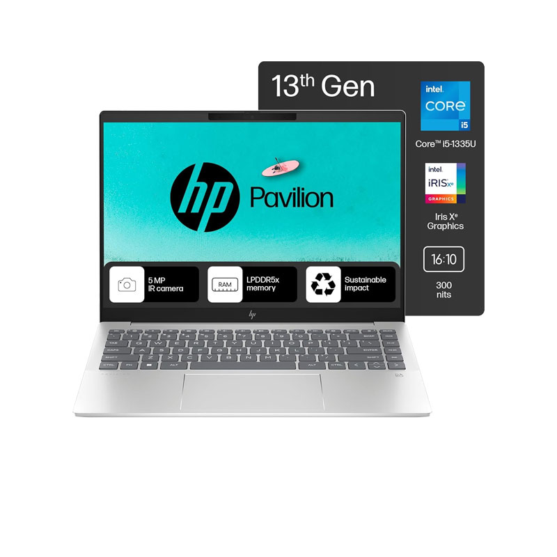 Picture of HP Pavilion Plus - 13th Gen Intel Core i5-1335U 14" (35.6 cm) 14-ew0107TU Thin & Light Laptop (16GB/ 512GB SSD/ Diagonal 2K Display/ Camera Privacy Shutter/ Intel Iris Xᵉ Graphics/ Backlit Keyboard/ Mic mute key/ Camera privacy shutter/ Windows 11 Home/ MS Office/ 1Year Warranty/ Natural silver/ 1.38kg)